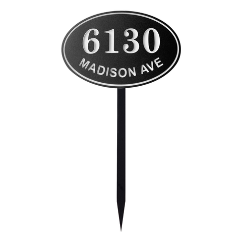 Oval Two Line House Number Sign for Yard, Personalized Address Plaque with Stakes for Outside Lawn