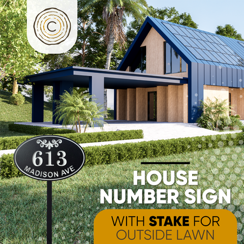 Oval Three Line House Number Sign for Yard, Personalized Address Plaque with Stakes for Outside Lawn