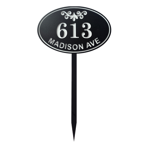 Oval Three Line House Number Sign for Yard, Personalized Address Plaque with Stakes for Outside Lawn